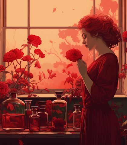Czerwonowłosa kobieta w szkarłatnej sukni kontemplująca kwiat przy oknie w pomieszczeniu pełnym róż, z widokiem na ogród, co tworzy atmosferę spokoju i romantyzmu.