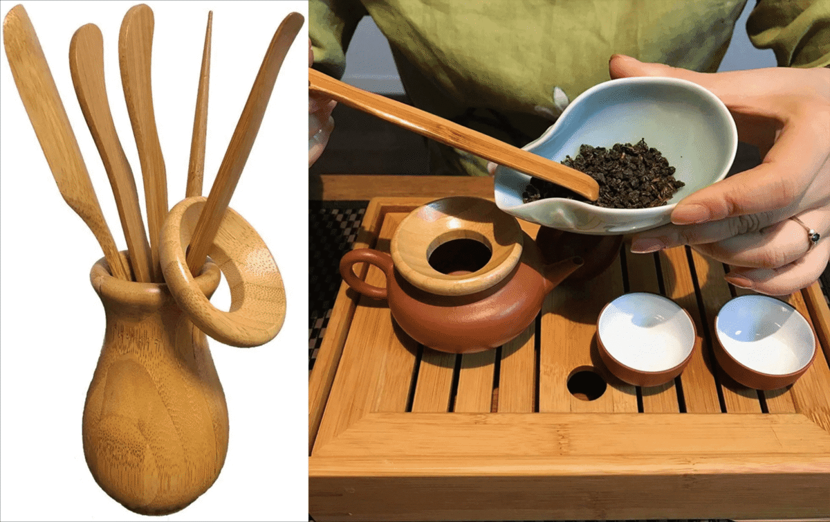Po lewej: zestaw drewnianych narzędzi umieszczonych w cha tong. Po prawej: przesypywanie liści ze spodeczka do czajniczka przez cha lou za pomocą cha shi.