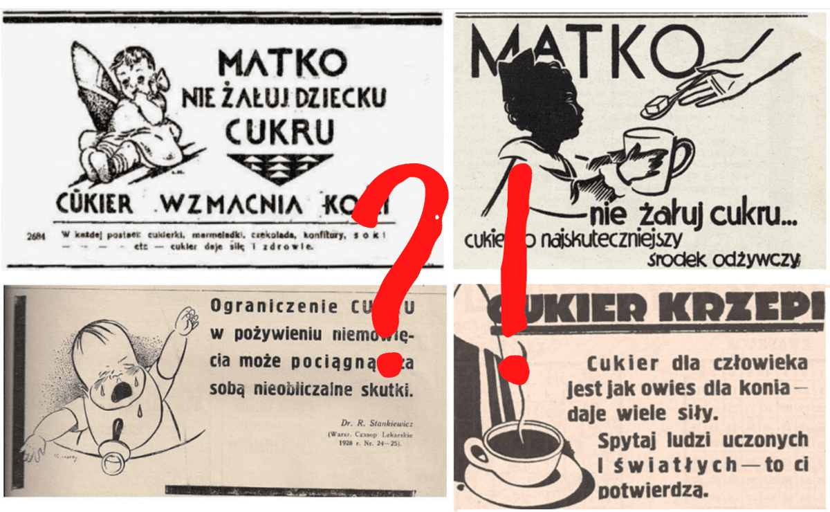 Plakaty kampanii "cukier krzepi" z czasów przedwojennych. Źródło: twitter.pl